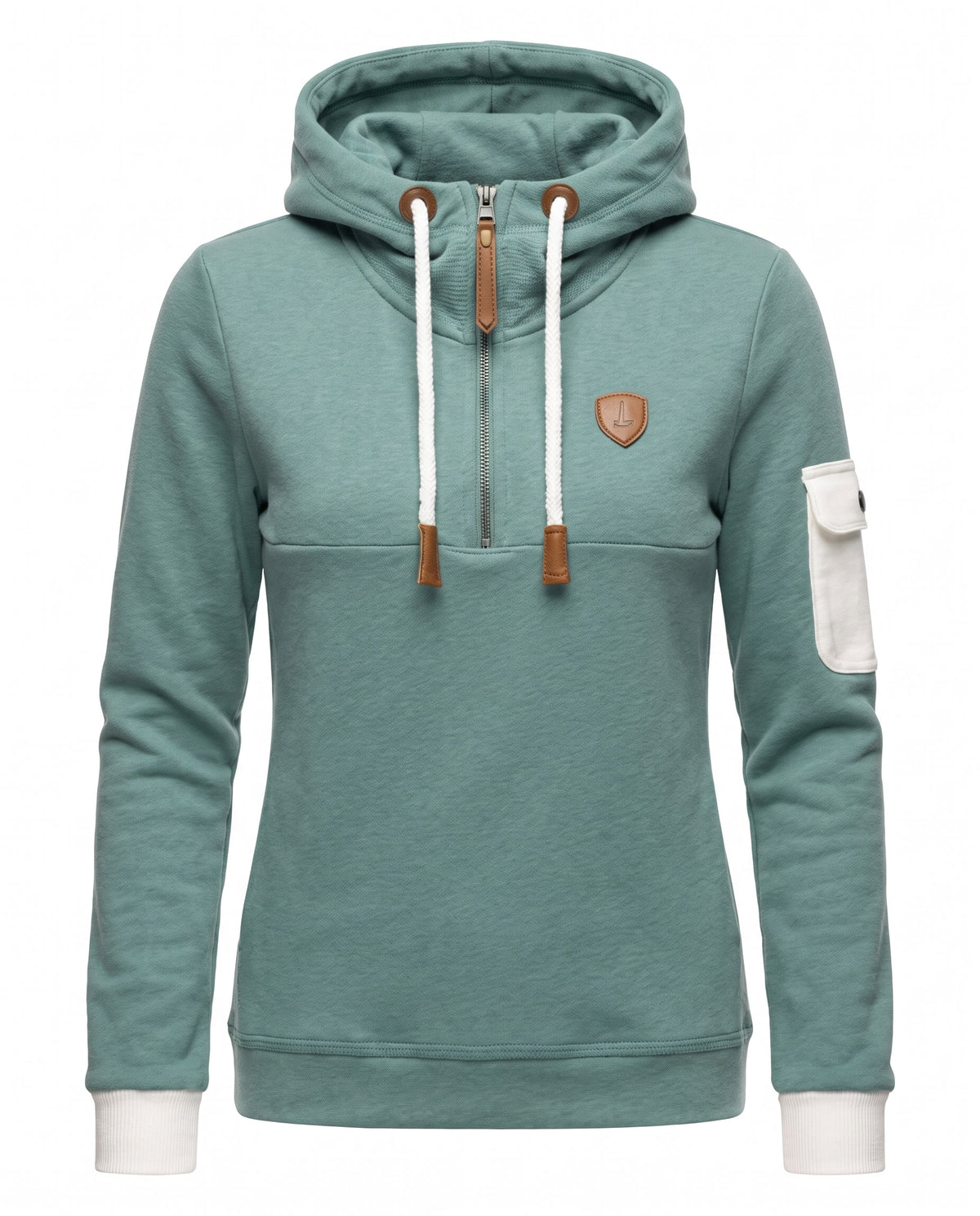 Sabine women's sage green half-zip essentials hoodie with adjustable hood