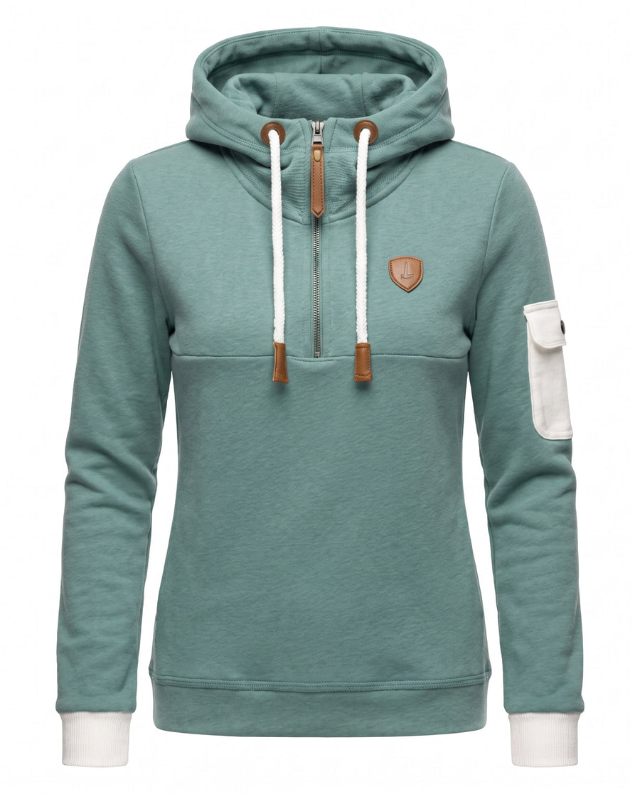 Sabine women's sage green half-zip essentials hoodie with adjustable hood