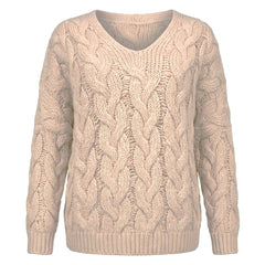 Nora cable-knit V-neck relaxed sweater in beige, ghost mannequin studio shot