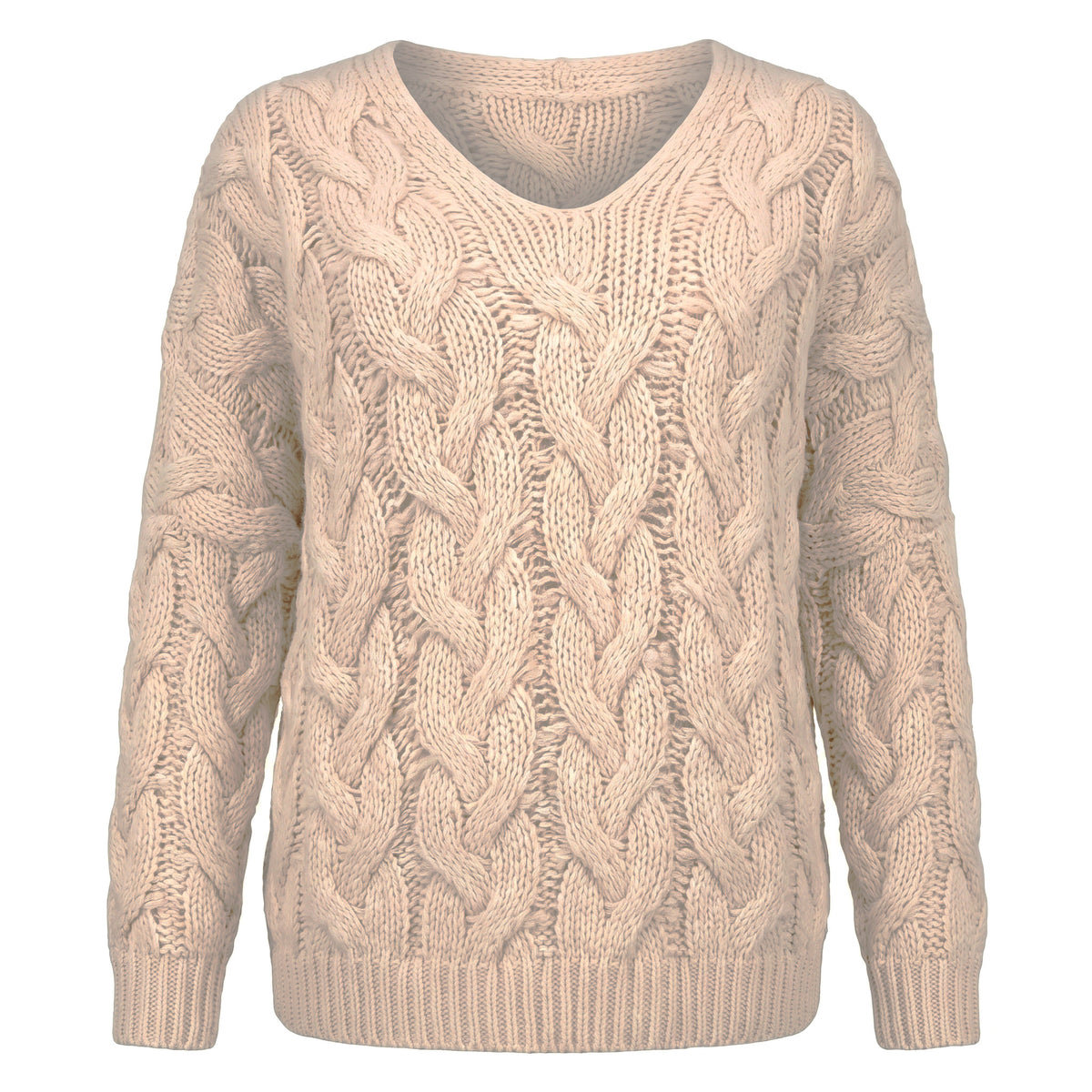 Nora cable-knit V-neck relaxed sweater in beige, ghost mannequin studio shot