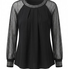 Patricia black sequin-trim sheer-sleeve pleated blouse