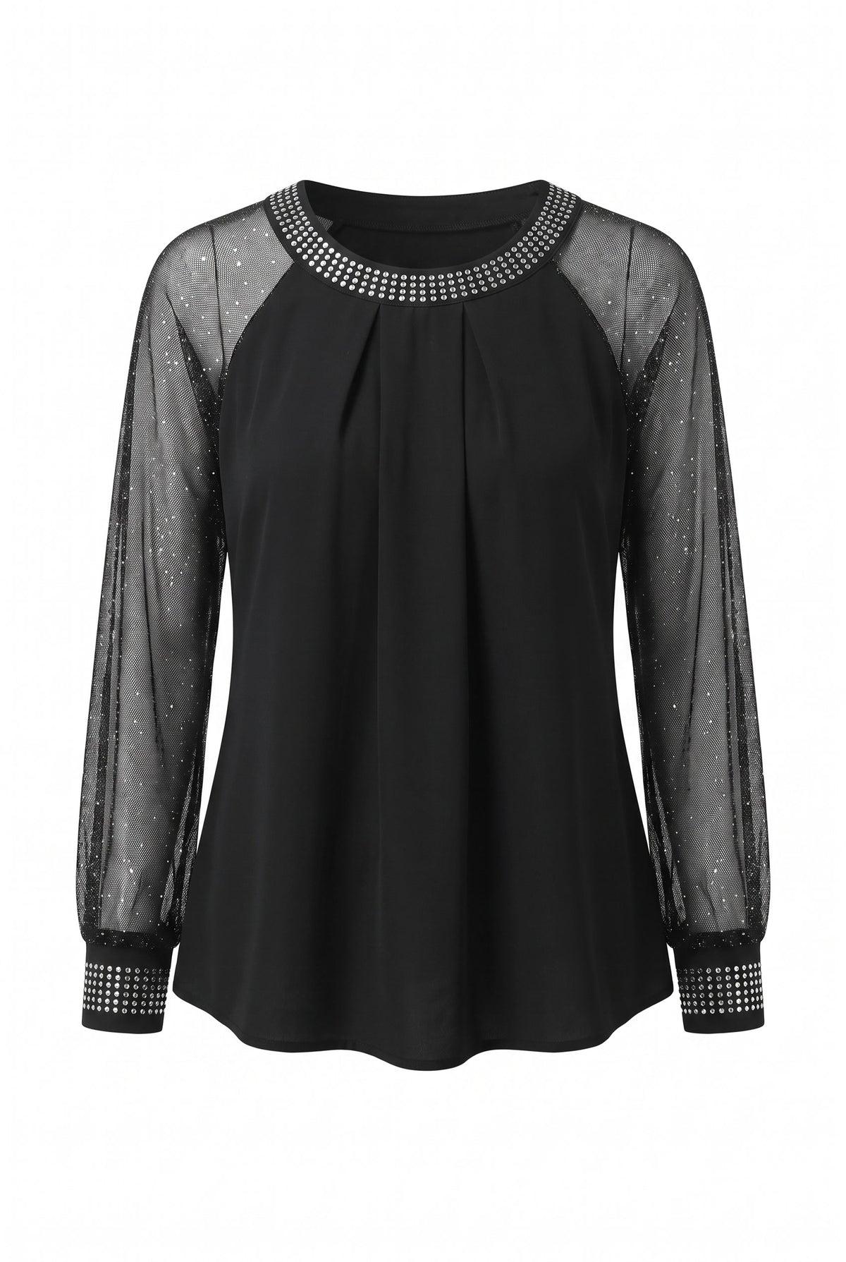 Patricia black sequin-trim sheer-sleeve pleated blouse