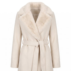 Sybil women's belted wrap trench coat with faux fur collar in cream, studio product shot