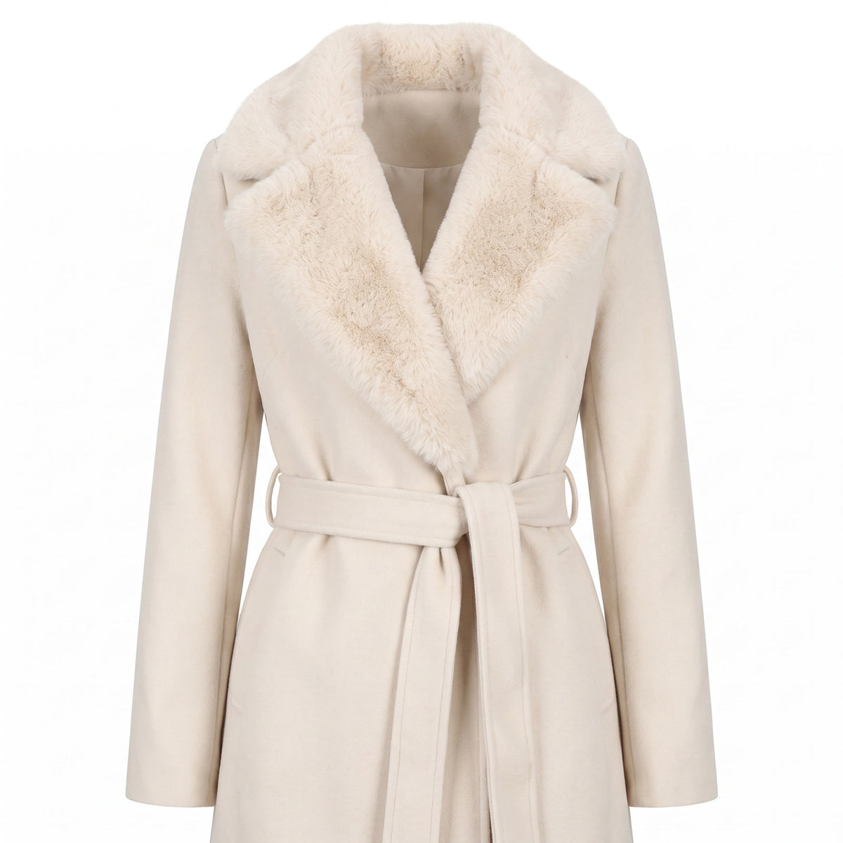 Sybil women's belted wrap trench coat with faux fur collar in cream, studio product shot