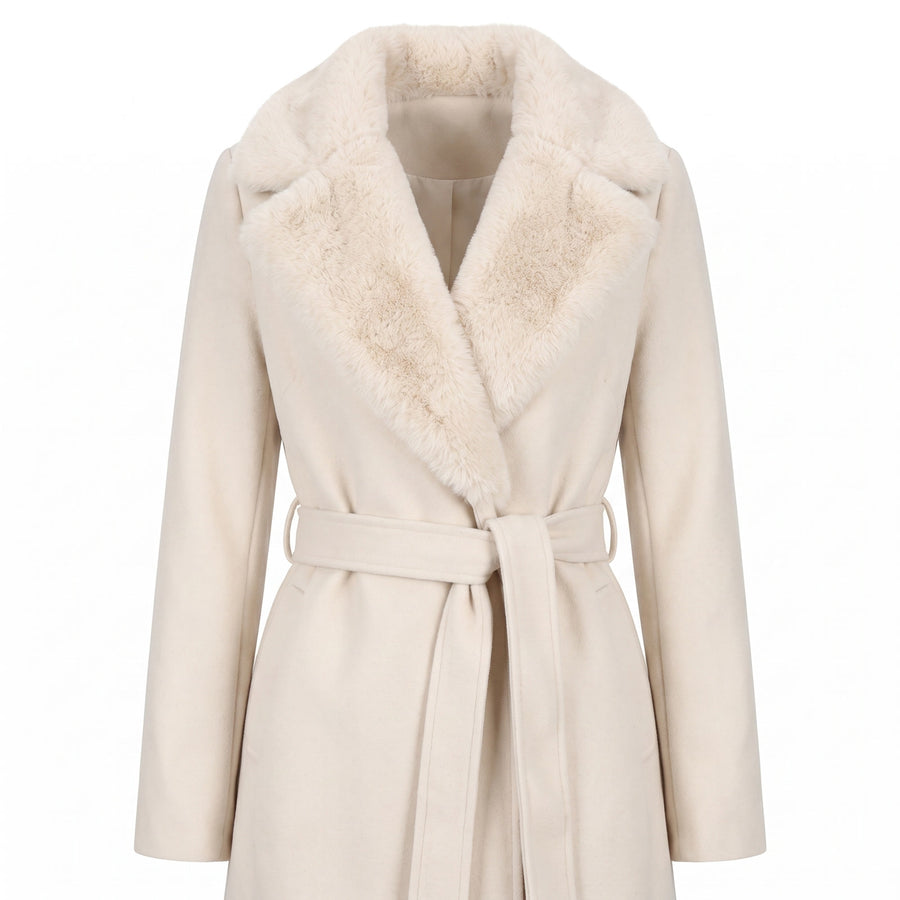 Sybil women's belted wrap trench coat with faux fur collar in cream, studio product shot