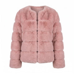 Silvia Women's Faux Fur Cropped Puffer Jacket in pink, studio product shot