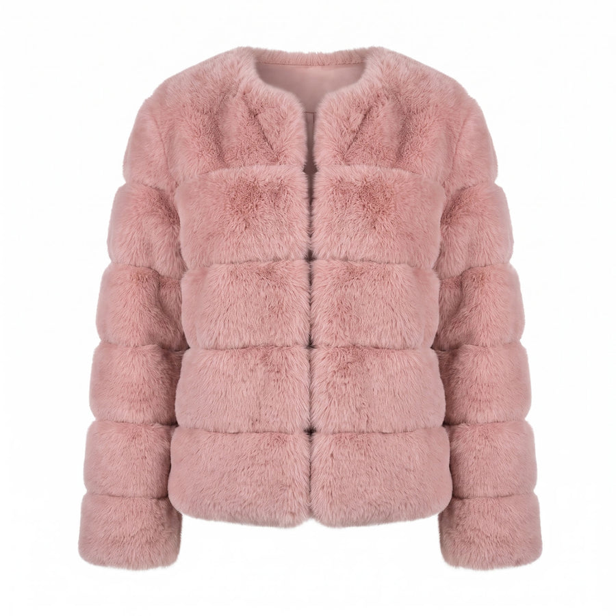 Silvia Women's Faux Fur Cropped Puffer Jacket in pink, studio product shot