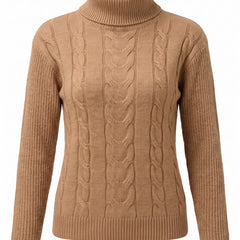 Priscilla cable-knit turtleneck jumper in camel, studio product shot