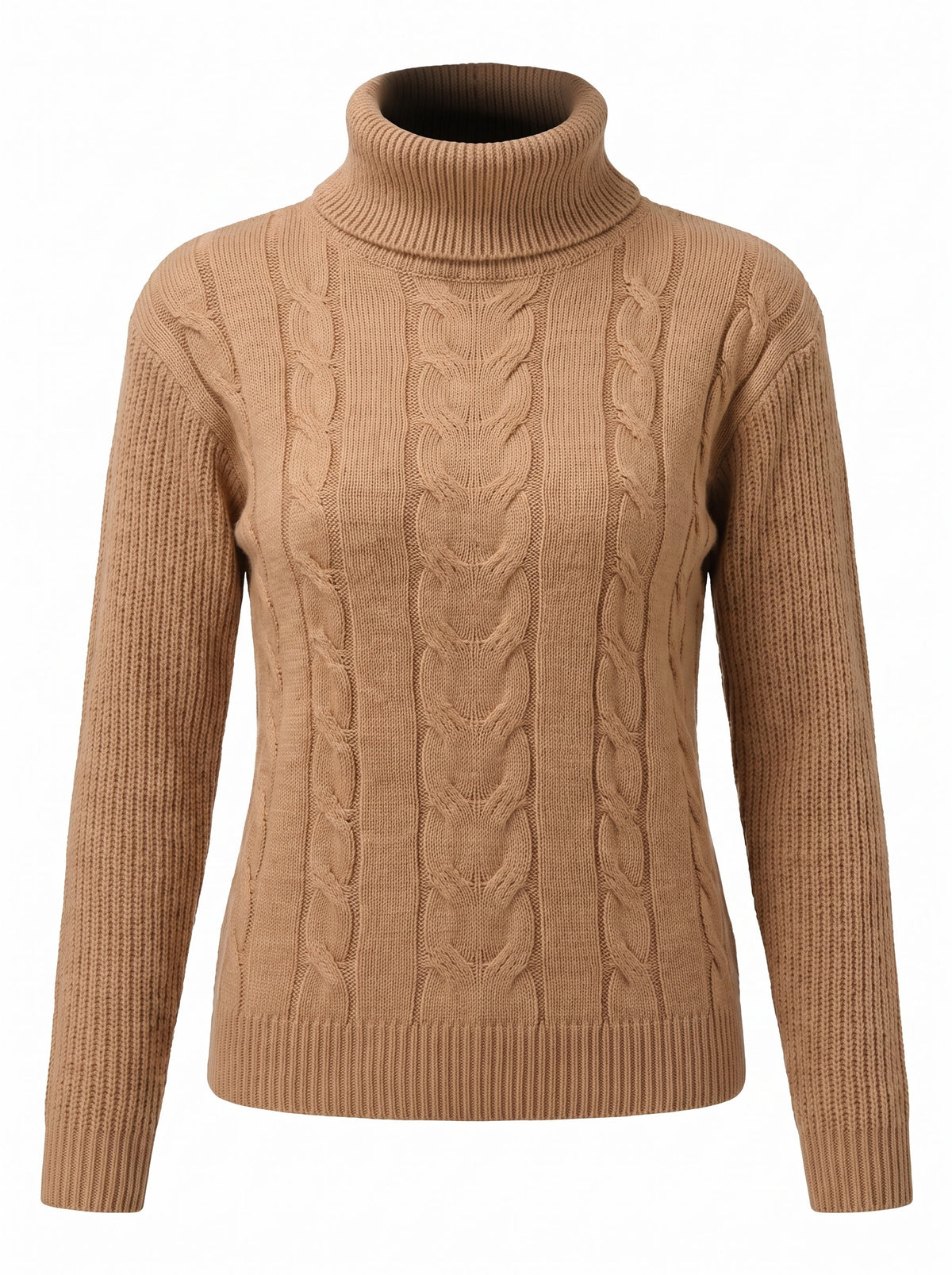 Priscilla cable-knit turtleneck jumper in camel, studio product shot