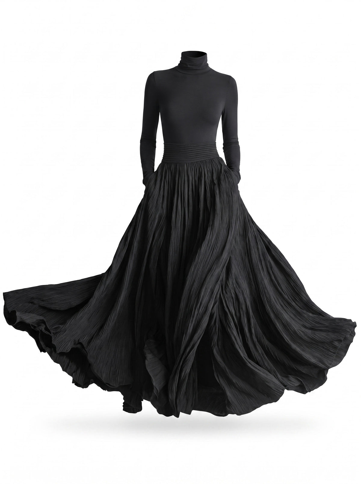 Vera women's black long sleeve turtleneck pleated maxi dress with pockets