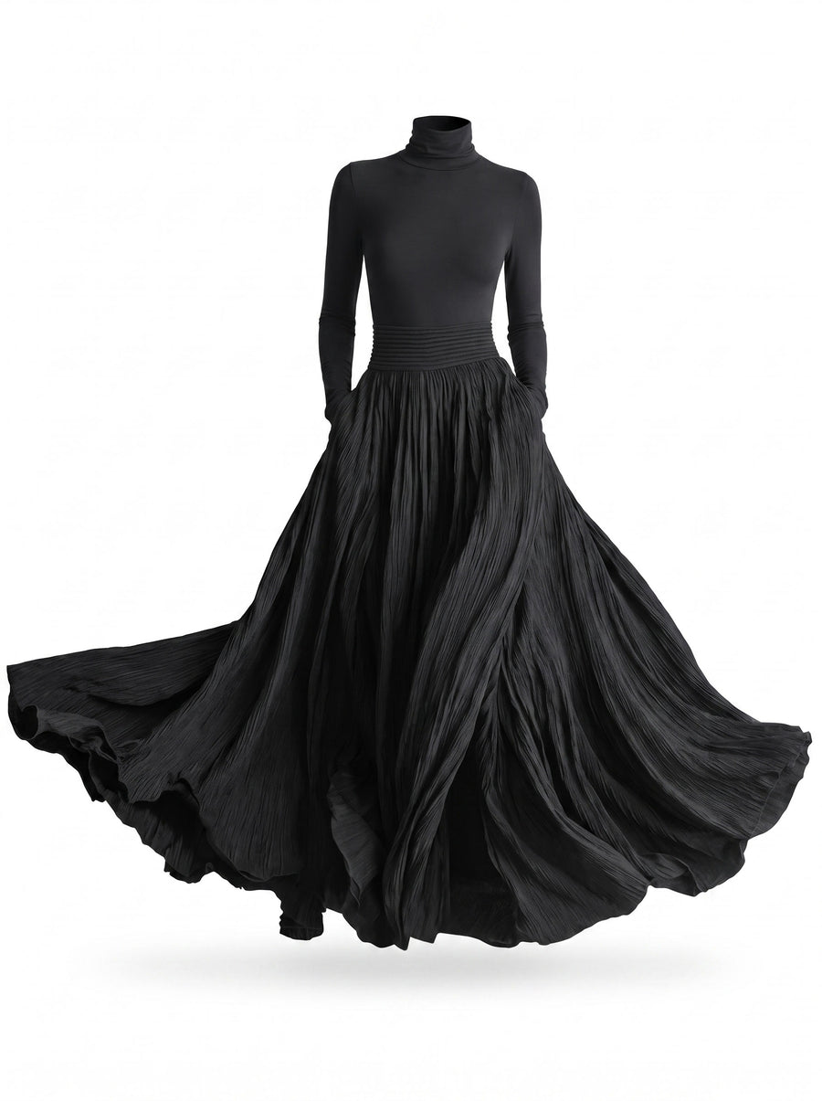 Vera women's black long sleeve turtleneck pleated maxi dress with pockets