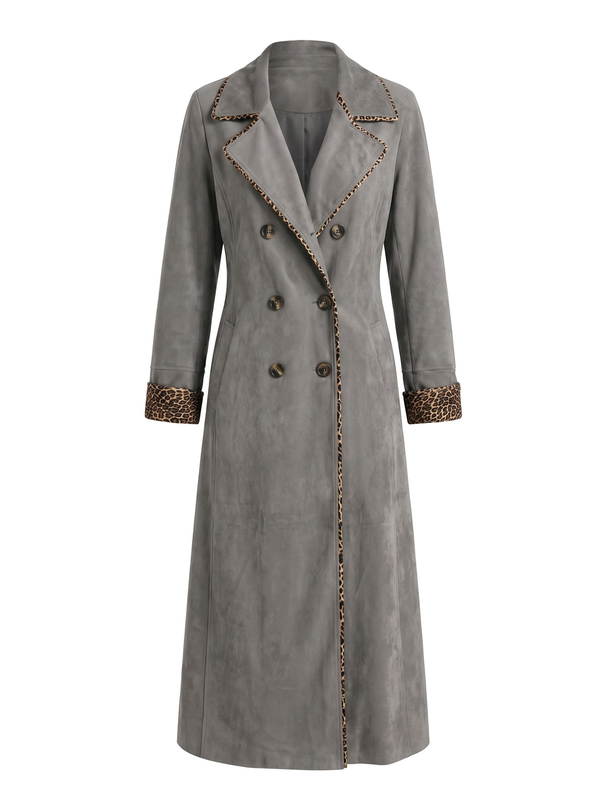Wilhelmina women's leopard-trim faux-suede trench coat in grey