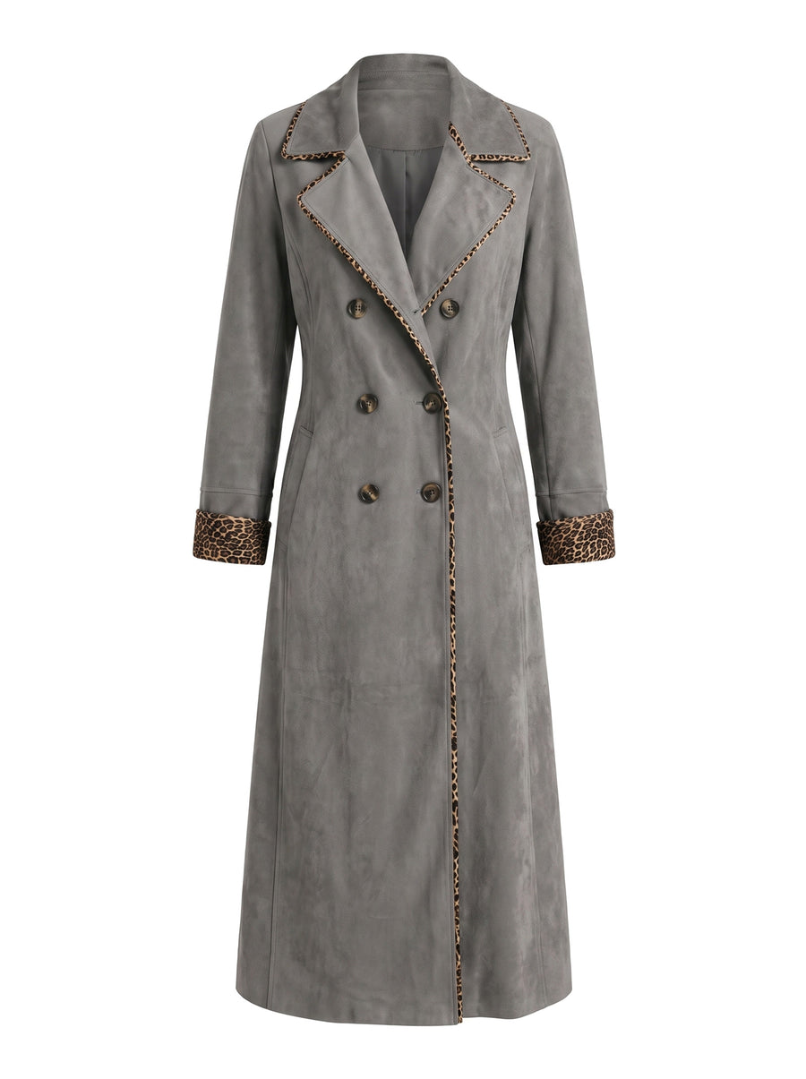 Wilhelmina women's leopard-trim faux-suede trench coat in grey