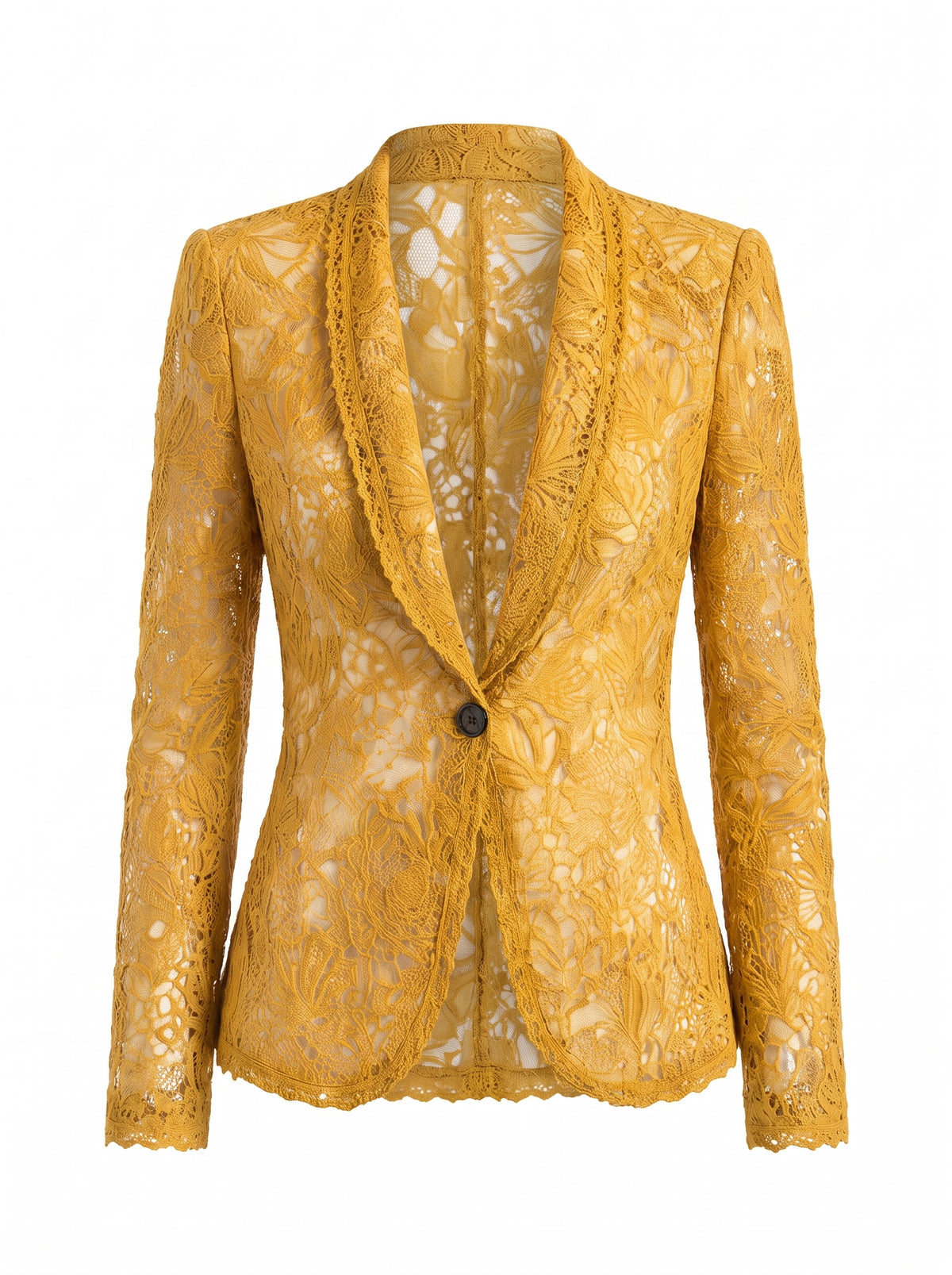 Winifred women's mustard yellow lace cut-out blazer with notched collar
