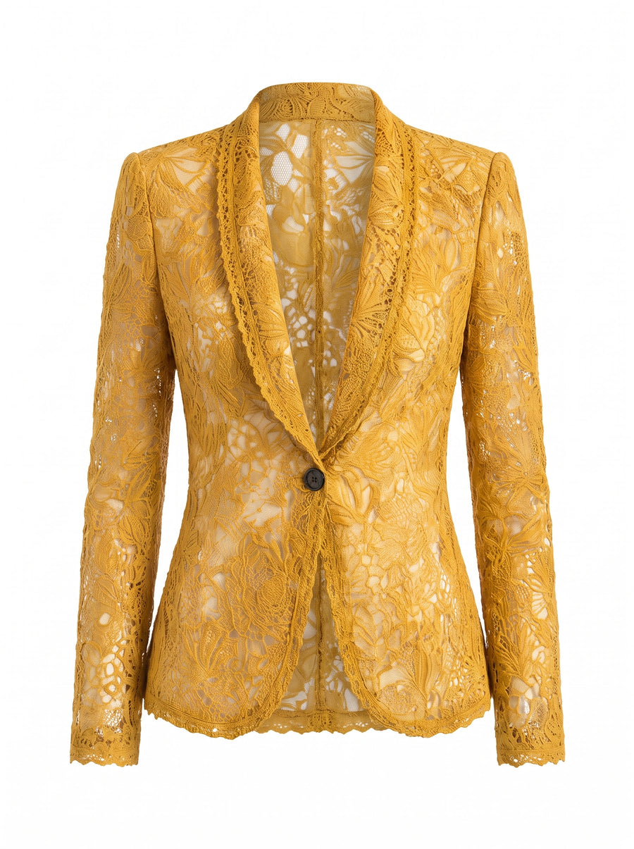 Winifred women's mustard yellow lace cut-out blazer with notched collar