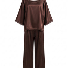 Yvonne womens lace trim satin top and wide leg pants set in chocolate brown