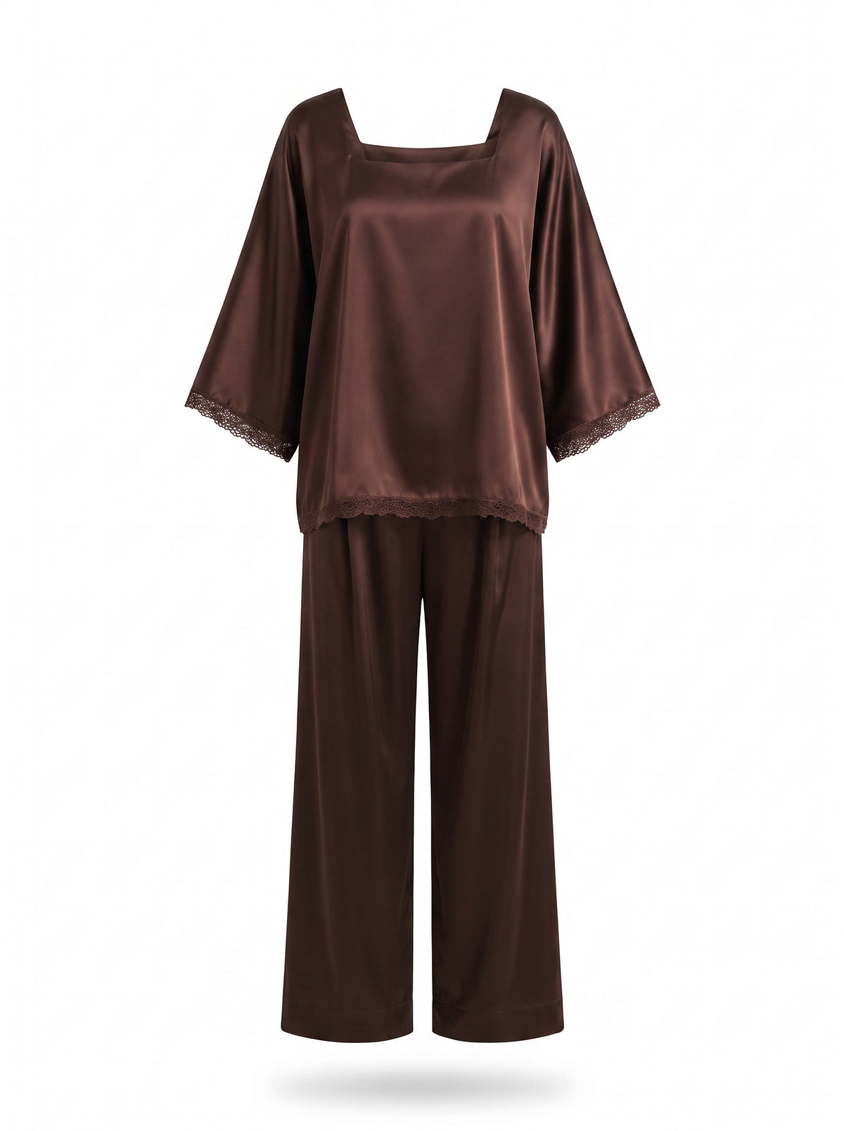 Yvonne womens lace trim satin top and wide leg pants set in chocolate brown