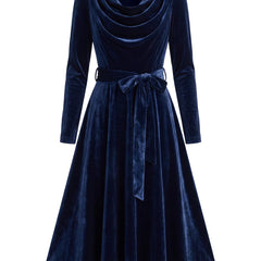 Zelda navy blue cowl-neck belted velvet midi dress
