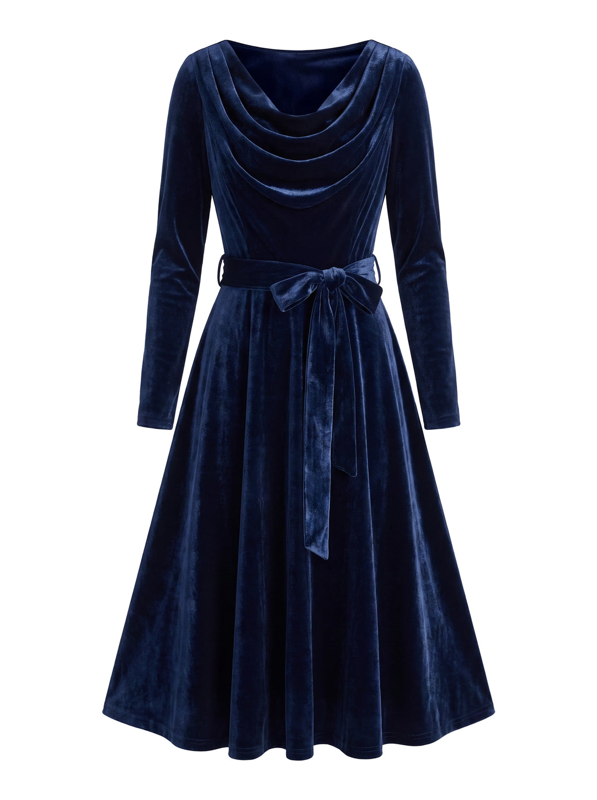 Zelda navy blue cowl-neck belted velvet midi dress