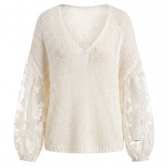 Flora-Tamara women's lace-sleeve open-knit relaxed top in cream