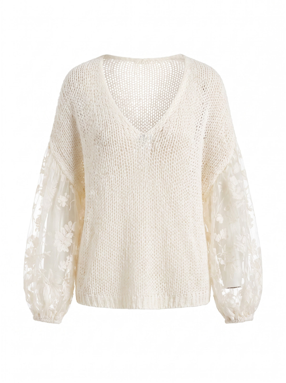 Flora-Tamara women's lace-sleeve open-knit relaxed top in cream