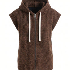 Alma-Cornelia women's brown drawstring hooded knit vest, studio product shot on white