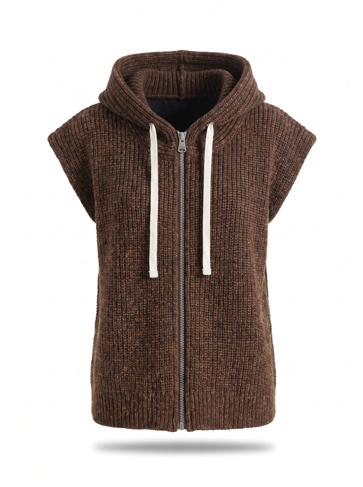 Alma-Cornelia women's brown drawstring hooded knit vest, studio product shot on white