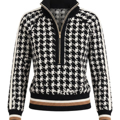 Selma-Rosemary women's houndstooth quarter-zip knit sweater in black and white