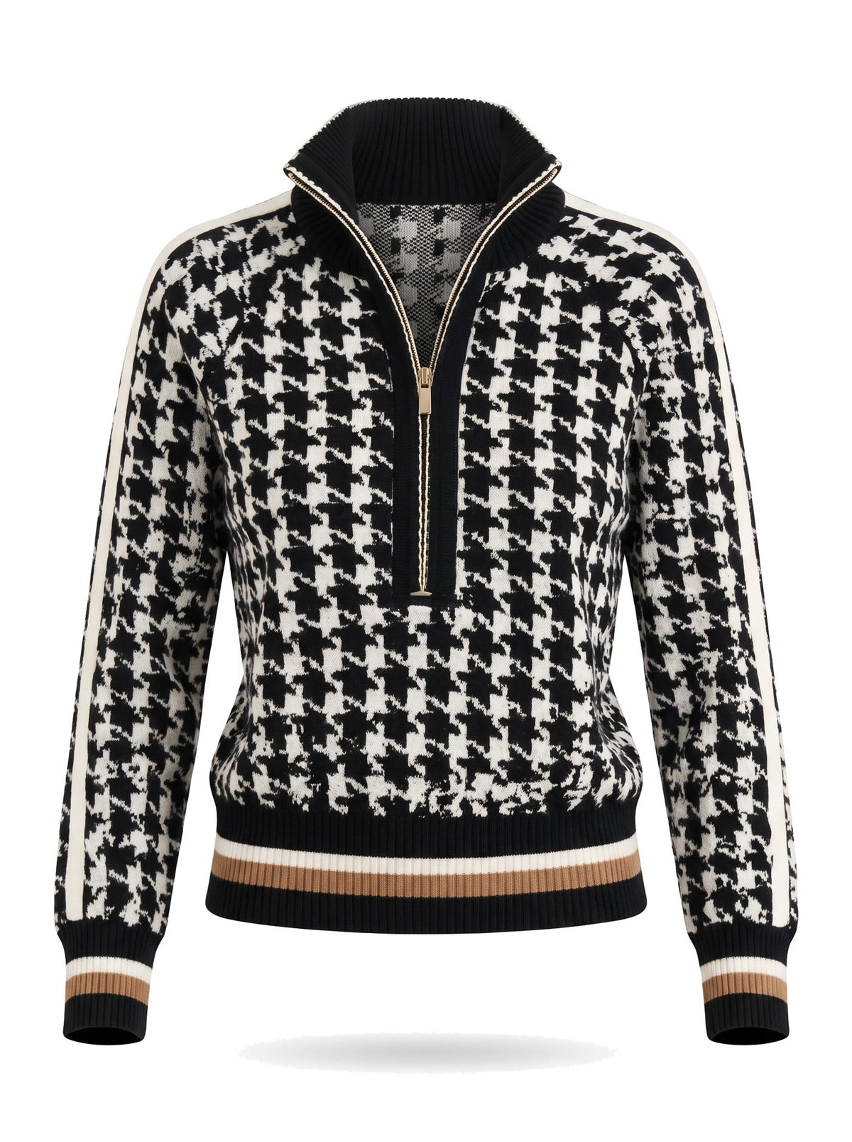 Selma-Rosemary women's houndstooth quarter-zip knit sweater in black and white