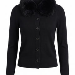 Hazel-Judith women's faux fur collar slim-fit knit cardigan in black, studio product shot