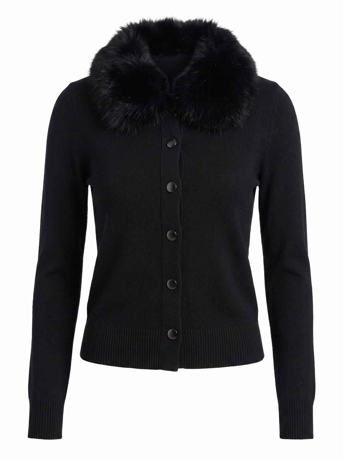 Hazel-Judith women's faux fur collar slim-fit knit cardigan in black, studio product shot