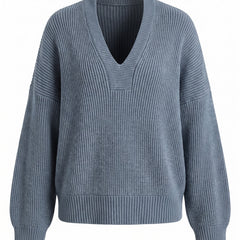 Magda-Verna Women's Oversized V-Neck Ribbed Sweater Dress in dusty blue, studio product shot