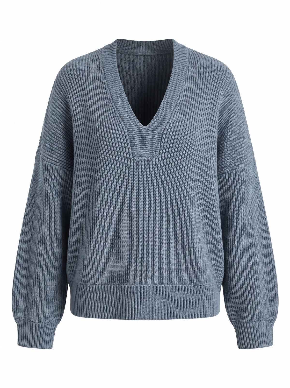 Magda-Verna Women's Oversized V-Neck Ribbed Sweater Dress in dusty blue, studio product shot