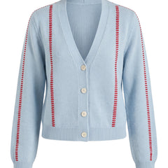 Blanche-Minerva women's light blue contrast stitch V-neck cardigan