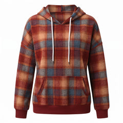 Cordelia-Clara women's checked zip-up hoodie in rust plaid, studio product shot