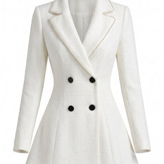 Women's pearl-trimmed tweed tailored blazer coat in white