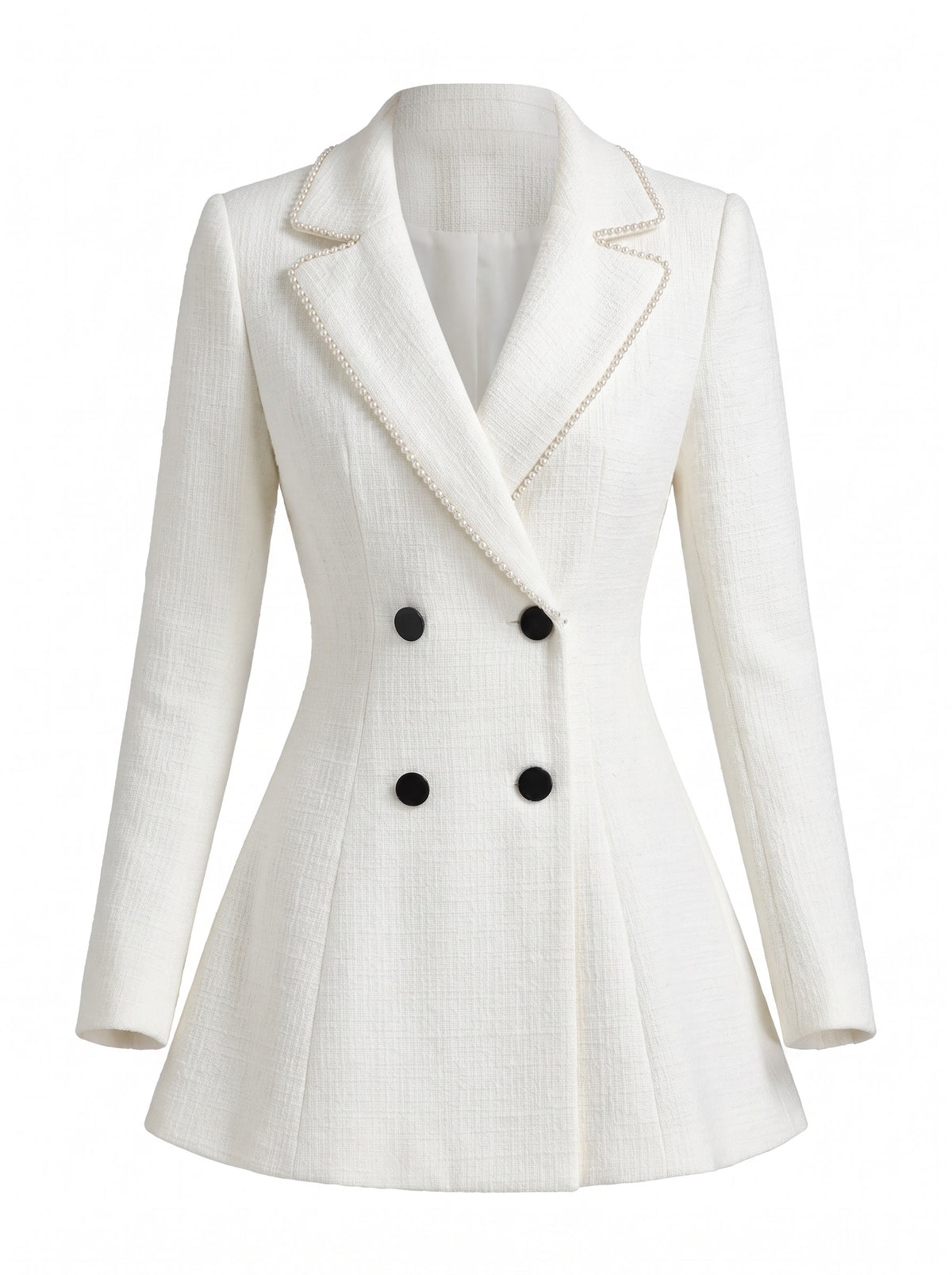 Women's pearl-trimmed tweed tailored blazer coat in white