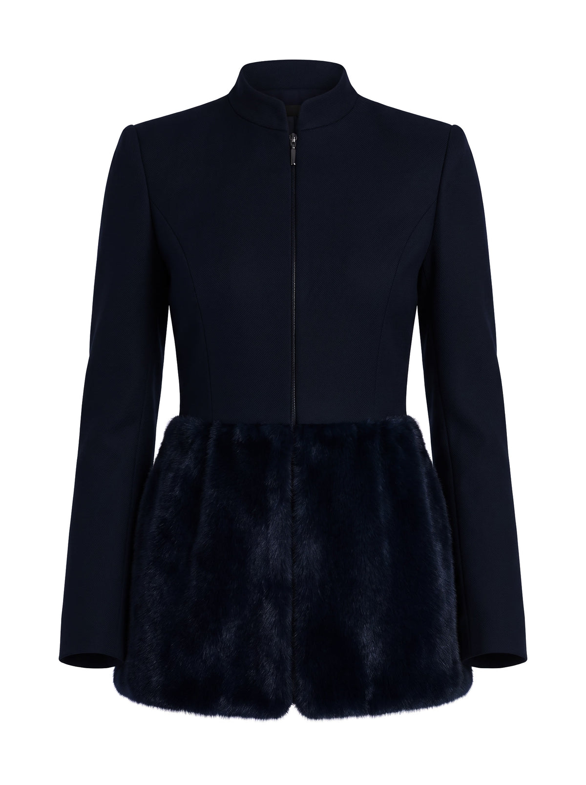 Bernadette-Juliet Women's Faux Fur Hem Zip-Up Tailored Jacket in navy blue
