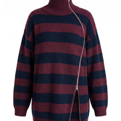 Camilla-Petra women's striped knit top with asymmetric zipper in wine and navy