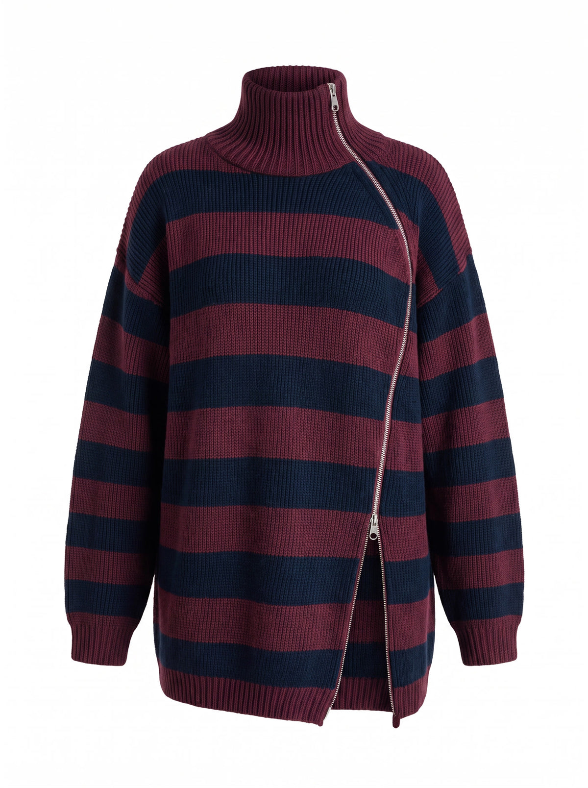 Camilla-Petra women's striped knit top with asymmetric zipper in wine and navy