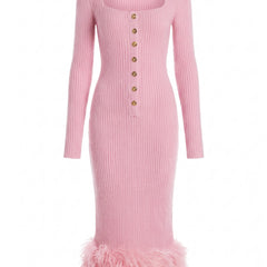 Johanna-Virginia pink feather-trim ribbed knit midi skirt