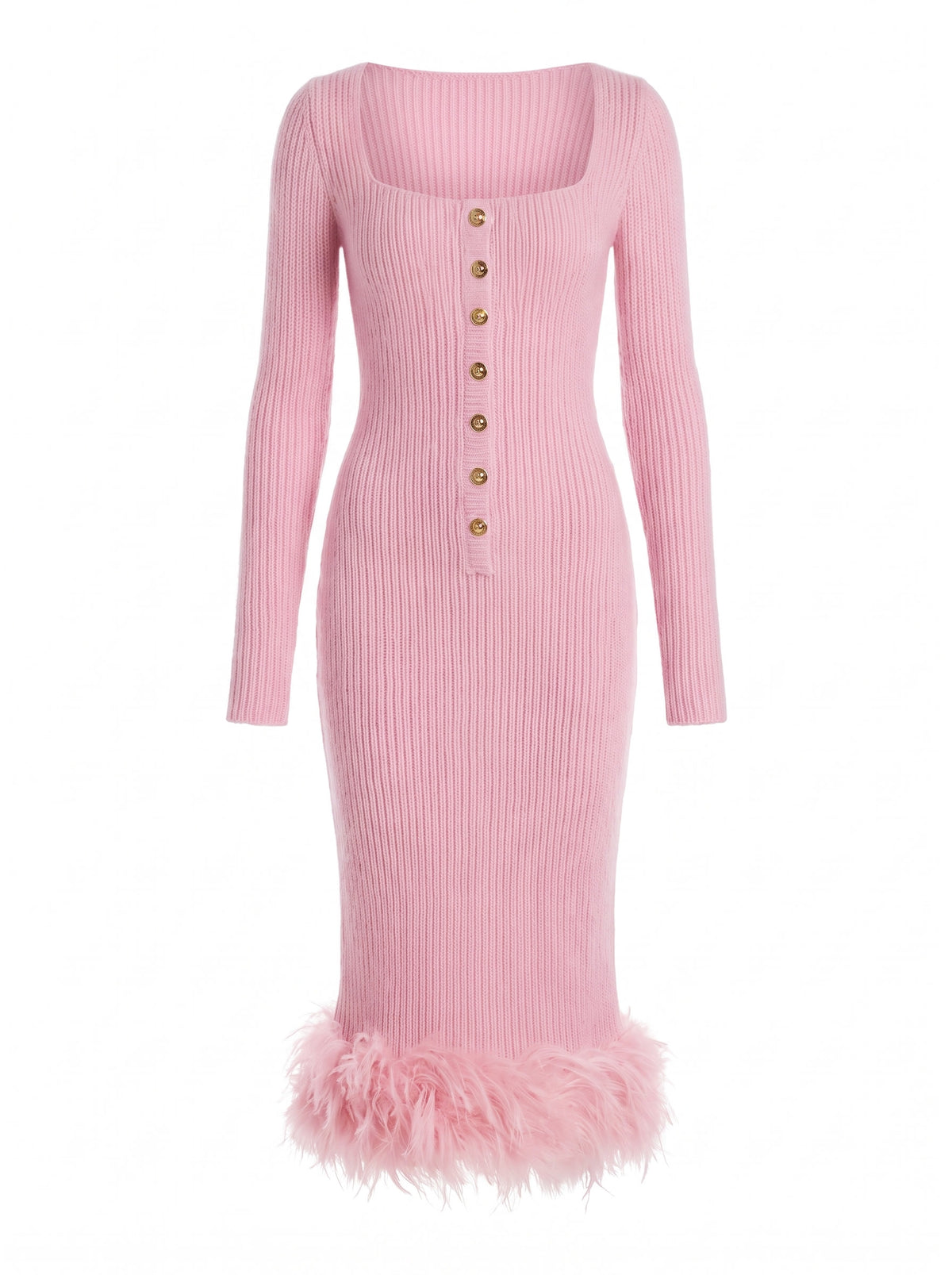 Johanna-Virginia pink feather-trim ribbed knit midi skirt