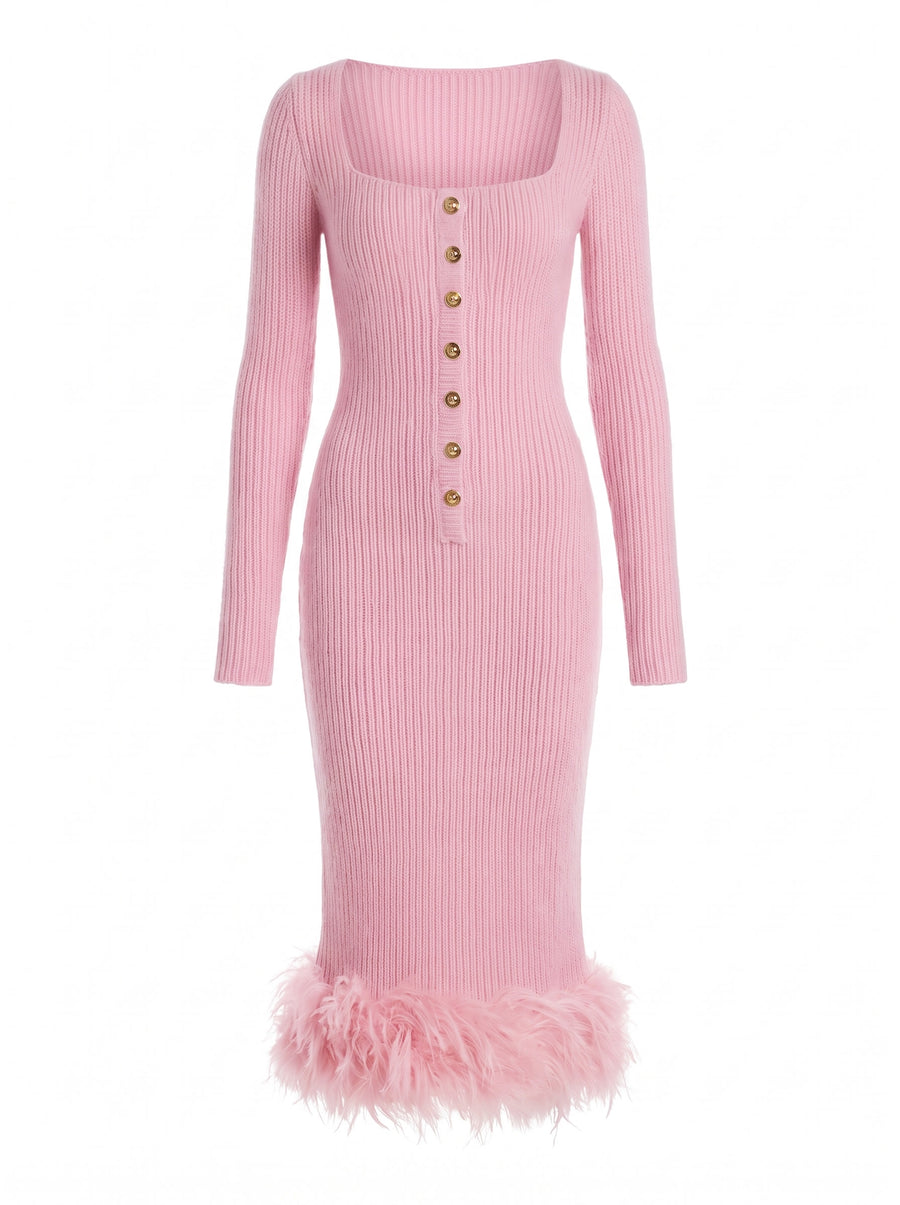 Johanna-Virginia pink feather-trim ribbed knit midi skirt