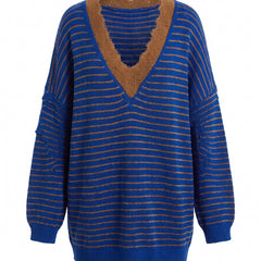 Isabelle-Silvia Women's Striped Lace-Trim V-Neck Sweater Dress