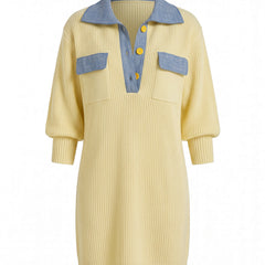 Rhea-Louisa women's contrast-collar oversized knit mini dress in pale yellow with chambray collar