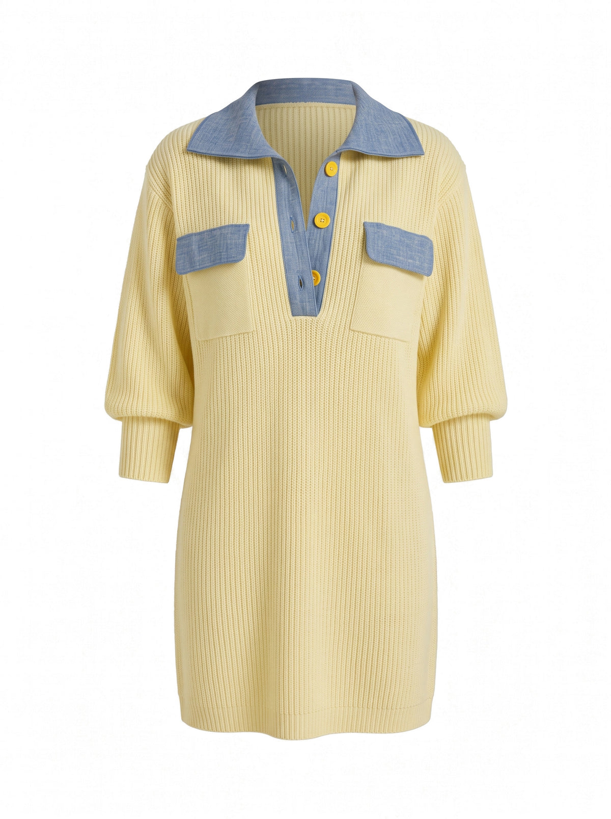 Rhea-Louisa women's contrast-collar oversized knit mini dress in pale yellow with chambray collar