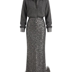 Ruth-Ophelia sequin-trim collared sweater and fitted maxi skirt set, studio product shot on white