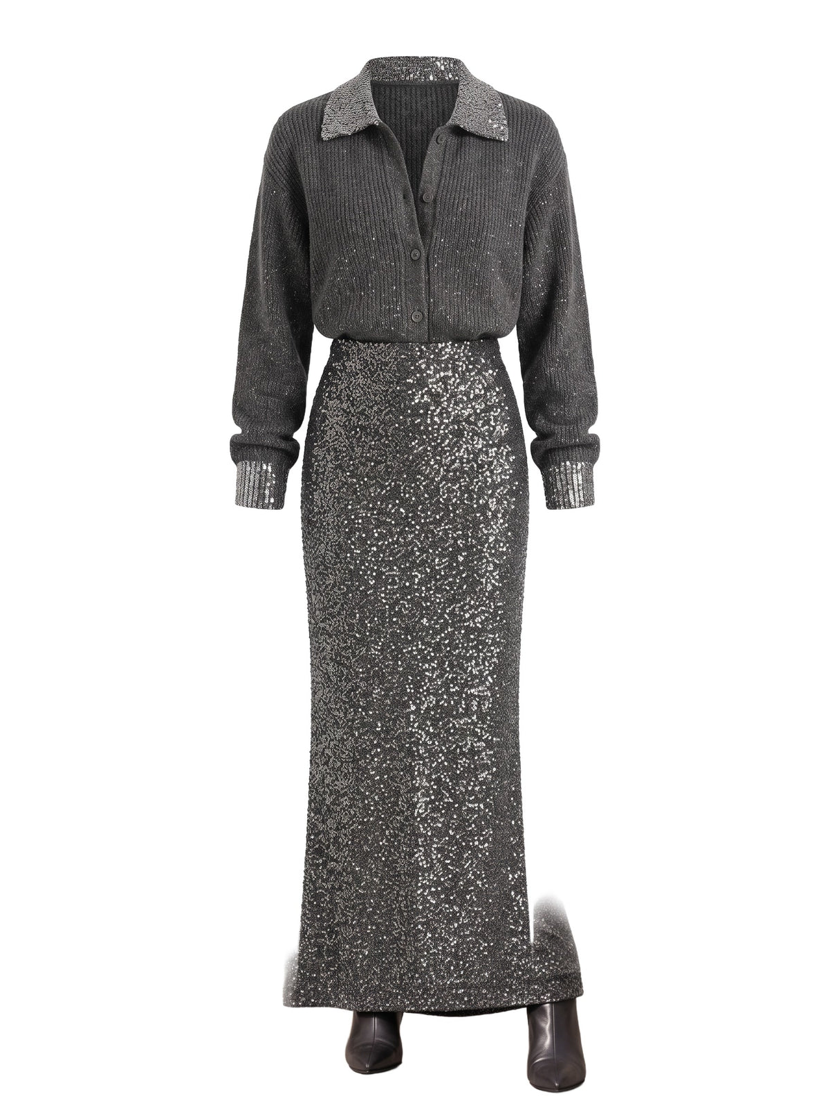 Ruth-Ophelia sequin-trim collared sweater and fitted maxi skirt set, studio product shot on white