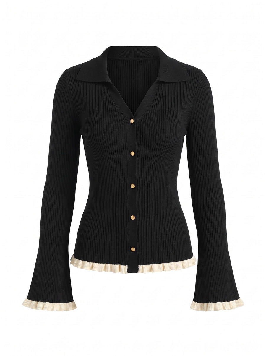 Women's Contrasting Trim Bell-Sleeve Cardigan