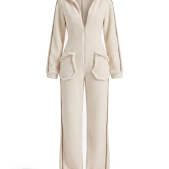 Annelise-Erna Women's Hooded Fleece Color-Block Jumpsuit in milky white, studio product shot